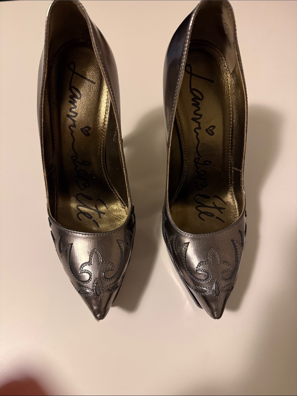 Lanvin Metallic Pewter Embroidered Pointed Toe Pumps